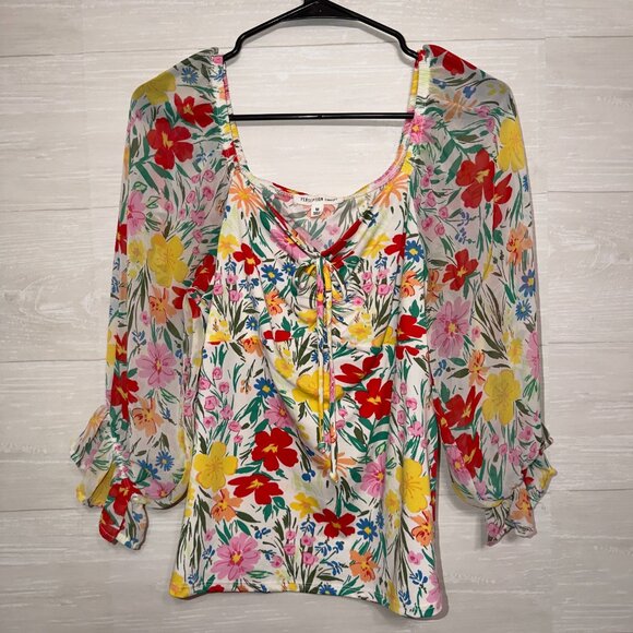 Perseption Concept Floral Chiffon Blouse Size Medium Ruffle Sleeve Top - Picture 2 of 7